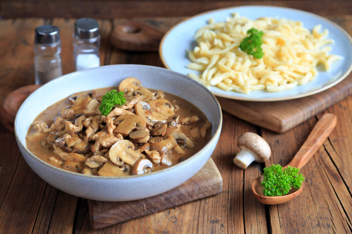 Geschnetzeltes Pilzragout Spätzle vegan sunflowerCHUNKS