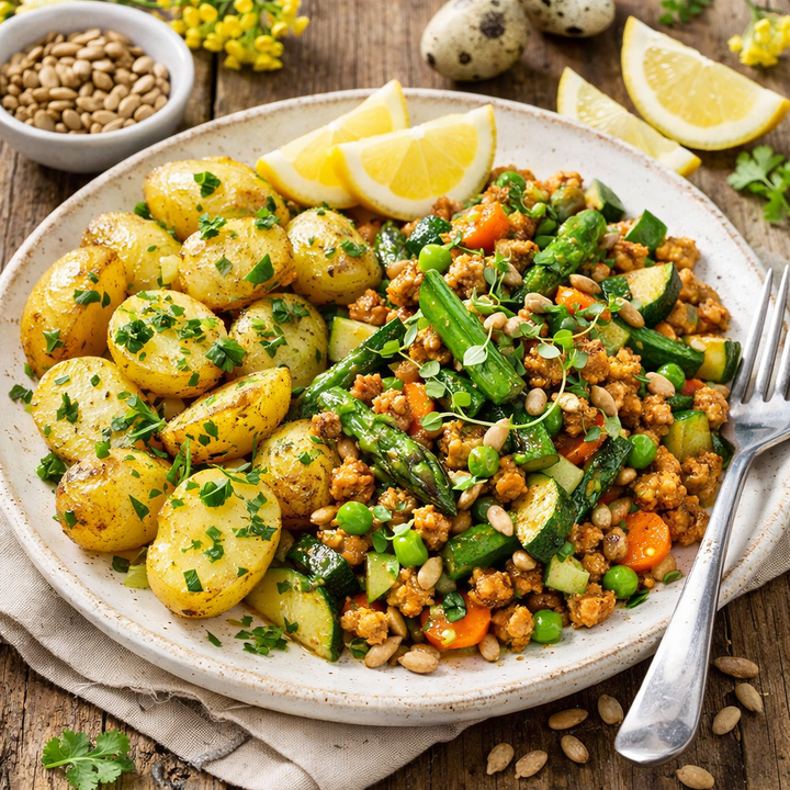 Frühlingspfanne mit sunflowerHACK, grünem Spargel & Zitronen-Kräuter-Kartoffeln