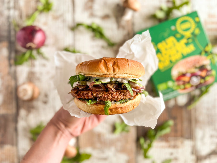 sunflower-Umami Burger vegan mit Trüffelmayo, Pilzen & Zwiebeln