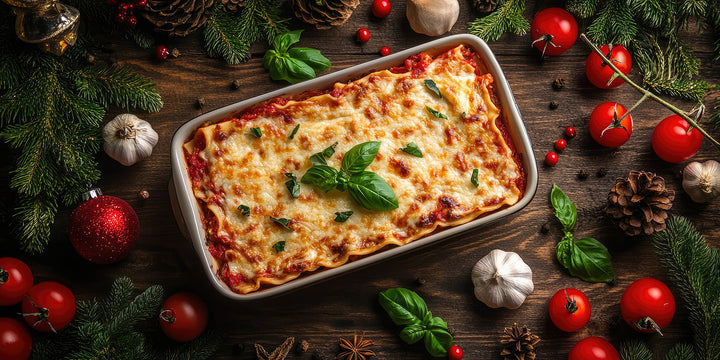 Vegane Weihnachtslasagne mit sunflowerBOLOmix, Granatapfelkernen und Thymian – festlich, pflanzlich, nachhaltig.