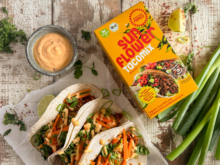 Vegane Korean BBQ-Tacos mit sunflowerTACOmix