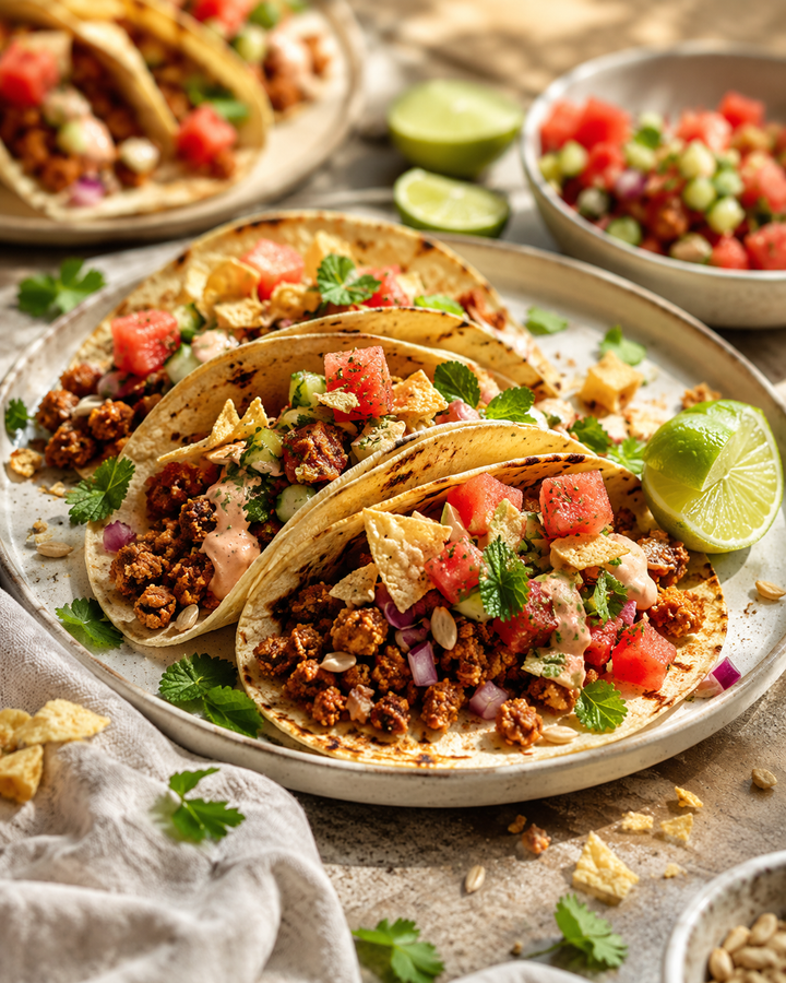 Sommer tacos mit sunflowerHACK und Wassermelone auf Teller
