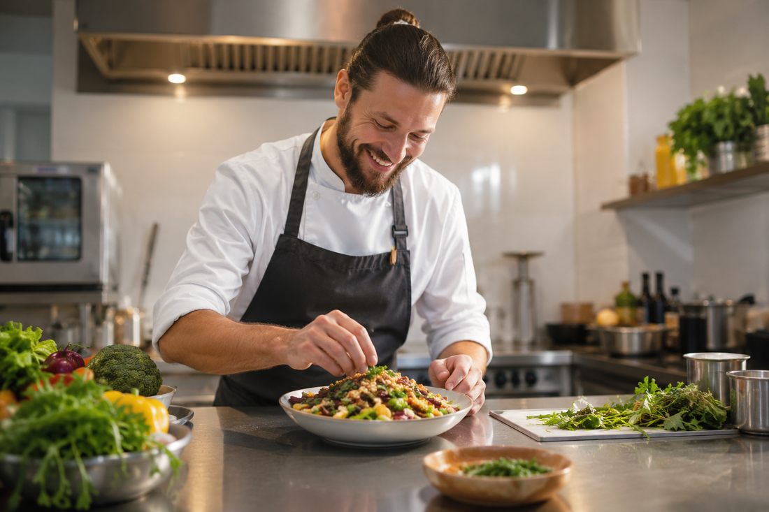 Koch bereitet vegane Bowl mit SonnenblumenHACK zu