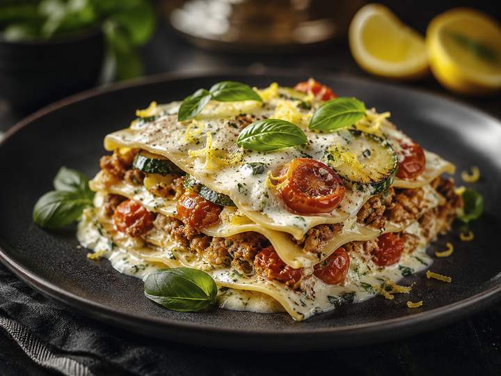 Sommerlasagne – vegan mit SonnenblumenHACK & Zitronen-Basilikum-Creme