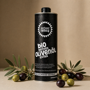 Dose Olivenoel mit Oliven und Zweigen