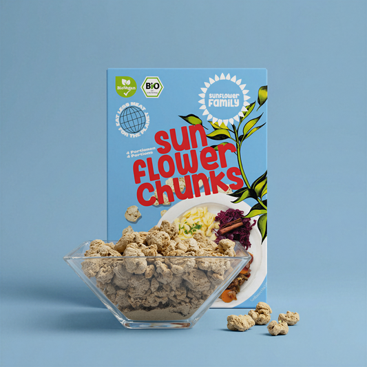 Packung sunflowerCHUNKS und Schale mit Fleischersatz