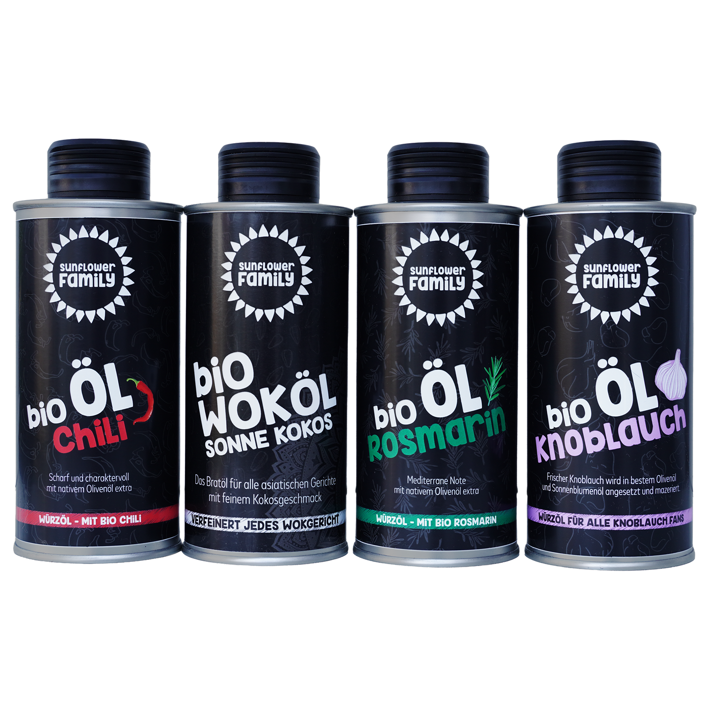 sunflowerFamily Bio-Speiseöle DAS QUARTETT – Chili, Knoblauch, Rosmarin & Sonne-Kokos (4×230 ml Dose)