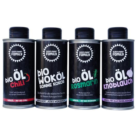 sunflowerFamily Bio-Speiseöle DAS QUARTETT – Chili, Knoblauch, Rosmarin & Sonne-Kokos (4×230 ml Dose)