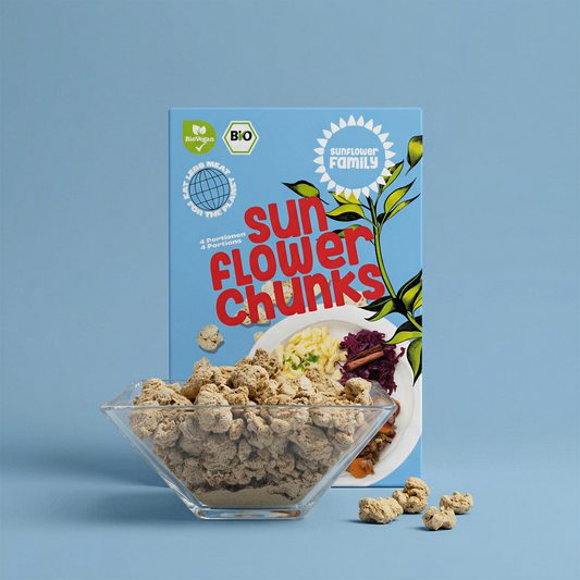 Packung sunflowerCHUNKS und Schale mit Fleischersatz